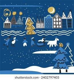 Vector vintage poster with old town, buildings, train, Children and Christmas tree. for Party poster, greeting or invitation card or for other print 
