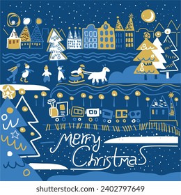 Afiche vectorial vintage con el casco antiguo, edificios, tren, niños y árbol de Navidad. para carteles de la Parte, tarjetas de felicitación o invitación o para otra impresión 