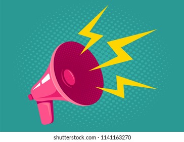 Vector vintage poster with pink megaphone on halftone background. Pink retro megaphone.