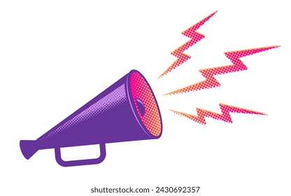 Vector vintage poster of purplemegaphone. Purple megaphone on white background.