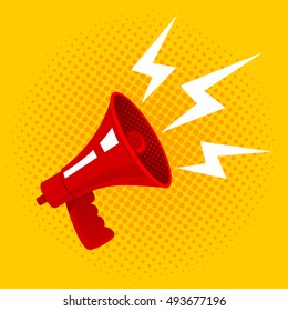Vector vintage poster with red retro megaphone. Megaphone on yellow halftone background - Shutterstock ID 493677196