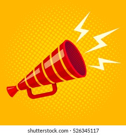 Vector vintage poster with red retro megaphone. Megaphone on yellow halftone background.