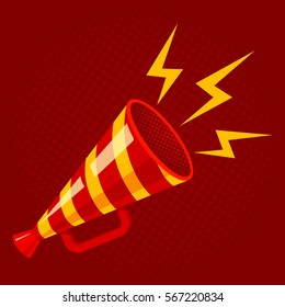 Vector vintage poster with red retro megaphone. Striped megaphone on red background.