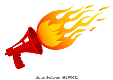 Vector vintage poster with red retro megaphone with fire. Red vintage megaphone and flame