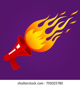 Vector vintage poster with red retro megaphone with fire. Red vintage megaphone and flame on halftone background.