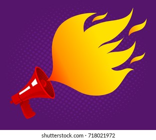 Vector vintage poster with red retro megaphone with fire. Red vintage megaphone and flame on halftone background