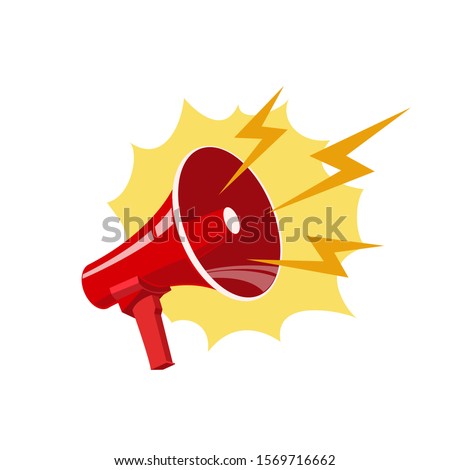 Vector vintage poster with red retro megaphone. Megaphone on yellow halftone background