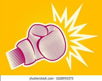 Vector vintage poster with retro boxing glove on yellow halftone background. Vector boxing glove in engraving style.