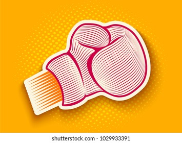 Vector vintage poster with retro boxing glove on yellow halftone background. Vector papercut boxing glove with shadow