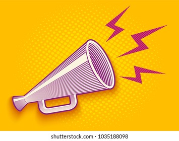 Vector vintage poster with retro megaphone on yellow halftone background. Vector megaphone in engraving style with shadow.