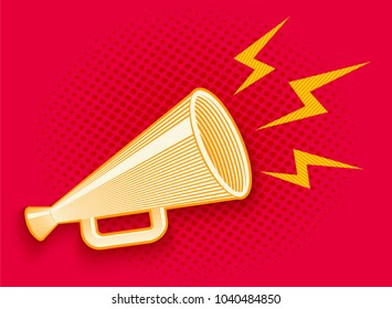 Vector vintage poster with retro megaphone on red halftone background. Vector megaphone in engraving style with shadow.