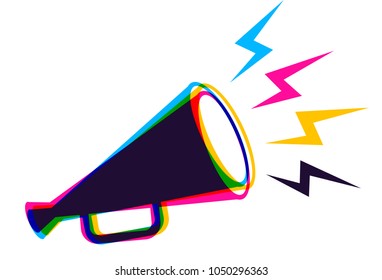 Vector vintage poster with retro megaphone in CMYK colors. Vector megaphone in CMYK style. - Shutterstock ID 1050296363