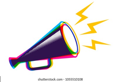 Vector vintage poster with retro megaphone in CMYK colors. Vector megaphone in CMYK style - Shutterstock ID 1055510108