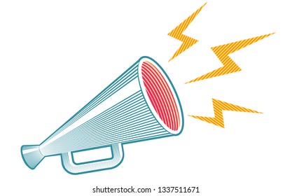 Vector vintage poster with retro megaphone in engraving style. Vector megaphone in engraving style with yellow lightning.