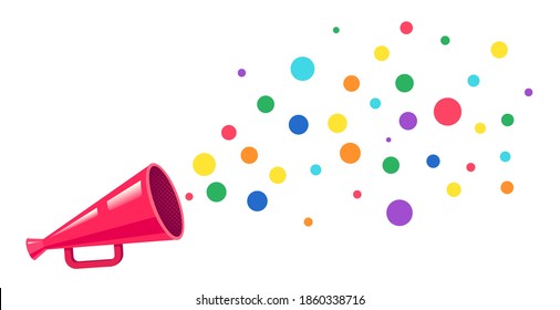 Vector vintage poster with retro megaphone with rainbow dots. Vector pink megaphone with rainbow colors.