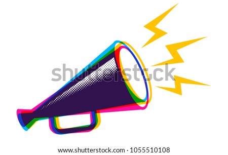 Vector vintage poster with retro megaphone in CMYK colors. Vector megaphone in CMYK style