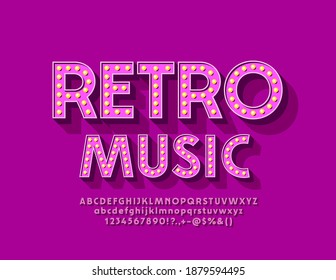 Vector vintage poster Retro Music. Electric Lamp Font. Pink Light Bulb Alphabet Letters and Numbers set