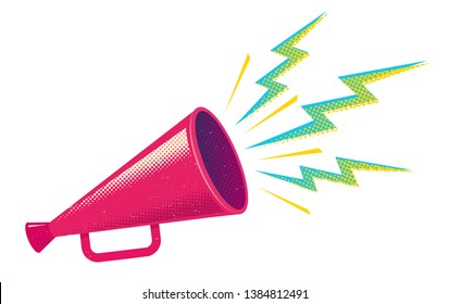Vector vintage poster with retro pink megaphone. Retro pink megaphone on white background. - Shutterstock ID 1384812491