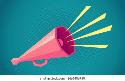 Vector vintage poster with retro pink megaphone on blue background. Retro megaphone on blue halftone background.