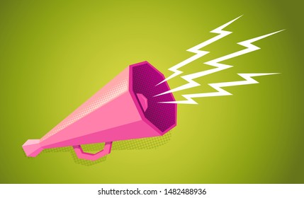 Vector vintage poster with retro pink megaphone on green background. Retro megaphone on green background.