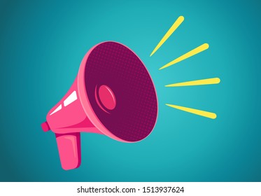 Vector vintage poster with retro pink megaphone on blue background. Retro megaphone on blue background.