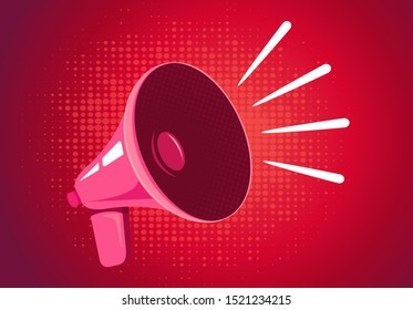 Vector vintage poster with retro pink megaphone on red background.  - Shutterstock ID 1521234215