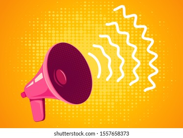 Vector vintage poster with retro pink megaphone on yellow background. Retro megaphone on yellow background. - Shutterstock ID 1557658373