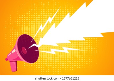 Vector vintage poster with retro pink megaphone on yellow background. Retro megaphone with comics bubble on yellow background.