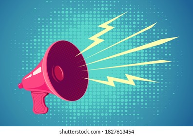 Vector vintage poster with retro pink megaphone on blue background. Retro megaphone on halftone background.