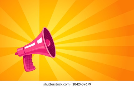 Vector Vintage Poster With Retro Pink Megaphone On Yellow Background. Retro Megaphone Yellow Abstract Background.