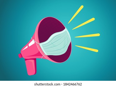 Vector vintage poster of a retro pink megaphone with medical mask on blue background. Retro megaphone with face mask on blue background. - Shutterstock ID 1842466762