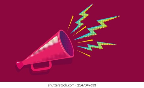 Vector vintage poster with retro pink megaphone on red background. Vector illustration of retro pink megaphone.