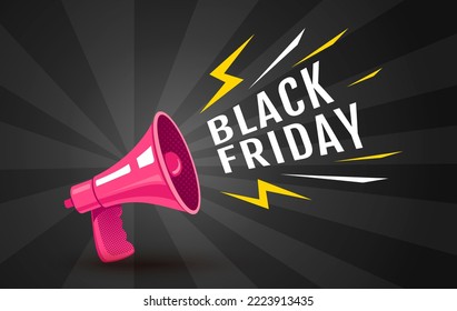 Vector vintage poster with retro pink megaphone on black background for black friday. Retro megaphone black abstract background for sale.