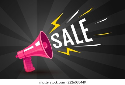 Vector vintage poster with retro pink megaphone on black background for black friday. Retro megaphone black abstract background for sale.