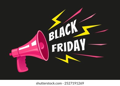 Vector vintage poster with retro pink megaphone on black background for black friday. Retro megaphone on dark background for sale.