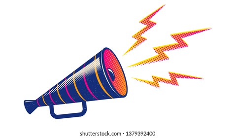 Vector vintage poster with retro striped megaphone. Retro blue megaphone on white background.