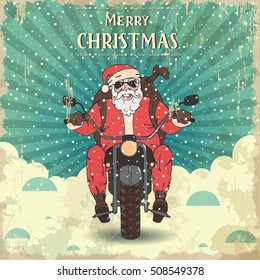 Vector Vintage poster with Santa Claus on a motorcycle with a backpack of gifts hand-drawn, sketch. Santa- biker