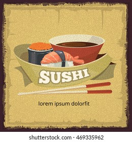 Vector vintage poster with sushi banners, traditional japan food. tamplate for cover or emblem design. Illustrations with place for your text.