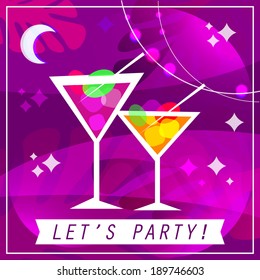 Vector vintage poster with two glasses of martini on violet background