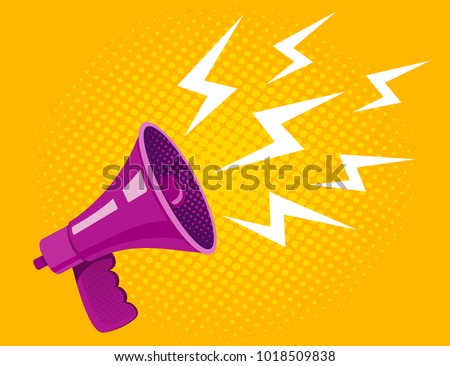 Vector vintage poster with ultraviolet megaphone on yellow halftone background. Vector purple megaphone.