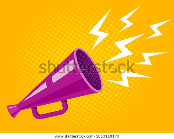 Vector vintage poster with ultraviolet megaphone on yellow halftone background. Vector purple megaphone.