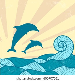 Vector vintage poster with waves, sun and dolphins