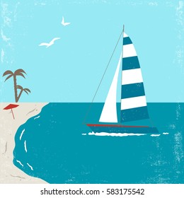 Vector vintage poster with yacht, birds and palm trees