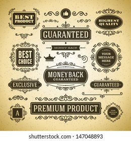 Conjunto de etiquetas de calidad vectorial Premium y elementos de diseño de marcos antiguos. Florece caligráfico. 