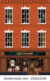 Vector vintage printable poster design background on downtown brick building structure facade with detailed windows and retro antiquarian book shop front on ground floor