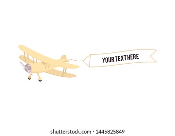 Vector vintage propeller airplane with advertising banner sketch icon. Old aviation transportation with screw engine motor. Retro aircraft, jet symbol of adventure and travelling. Isolated