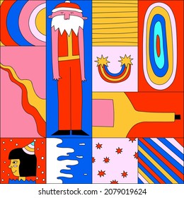 vector vintage psychedelic poster for christmas.Lo fi colorful vibrant palette.Holiday print for textiles, postcards, wrapping paper, social media stories. Hippie 70s 80s groovy funky  style