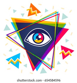 Vector vintage pyramid with eye in 90's style. Vintage vector poster with pyramid and eye.