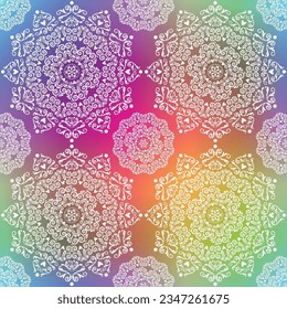 Vektor Vintage Regenbogen Farbverlauf nahtlos Muster mit weißen Mandalas, nahtlose Muster
