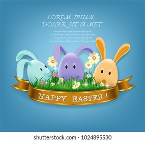 Vector vintage, realistic background for Easter. Template. Rabbit ears sticking out of the grass and the card with place for congratulations